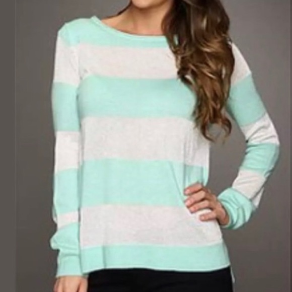 VINCE CAMUTO Mint Green Sparkly Silver Striped Sweater - Size Small - Picture 2 of 16
